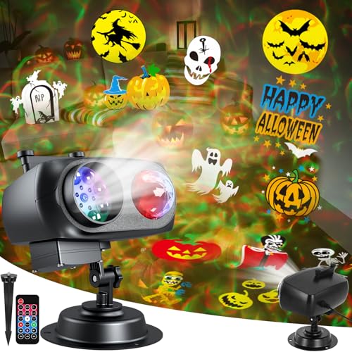 Halloween Christmas Projector Lights Outdoor，LED Projector Lights,2-in-1 Dual Projection System with 10 Slides，15W Brighter HD Ocean Wave Effect,Waterproof for Indoor/Outdoor Decor, Home Party.