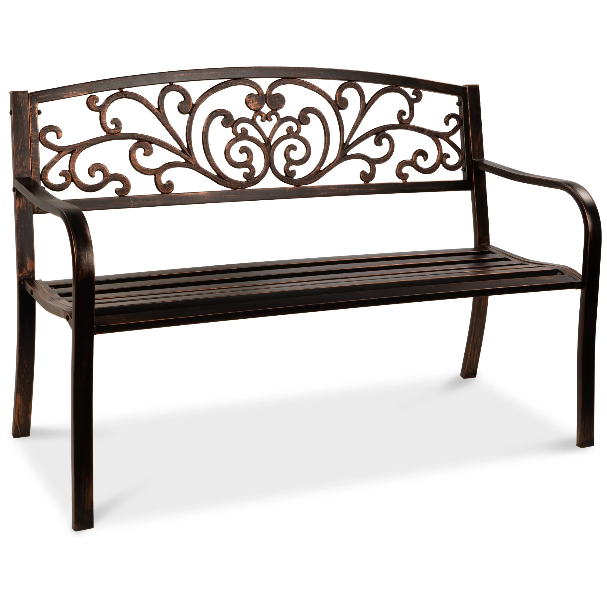 Best Choice Products Outdoor Steel Bench Garden Patio Porch Furniture w/ Floral Design Backrest, Slatted Seat - Brown