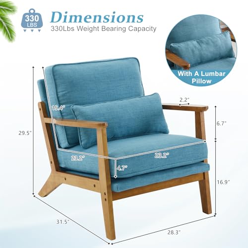 VINGLI Solid Wood Wide Armrests Accent Chair,Upholstered Mid Century Modern Chair with Pillow,Comfy Reading Chair Farmhouse Arm Chair,Chairs Living Room,Bedroom,Guest Room,Linen Fabric,Beige