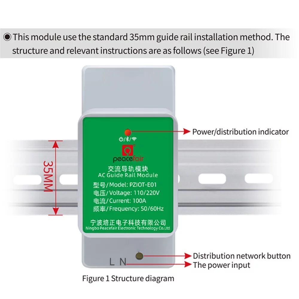 peacefair Intelligent Single-phase Wifi Electricity Meter 35mm DIN Rail Installation Voltage and Current Meter BT Connection Smartphone Peacefair Dual APP Remotely Control Compatible with Android iOS