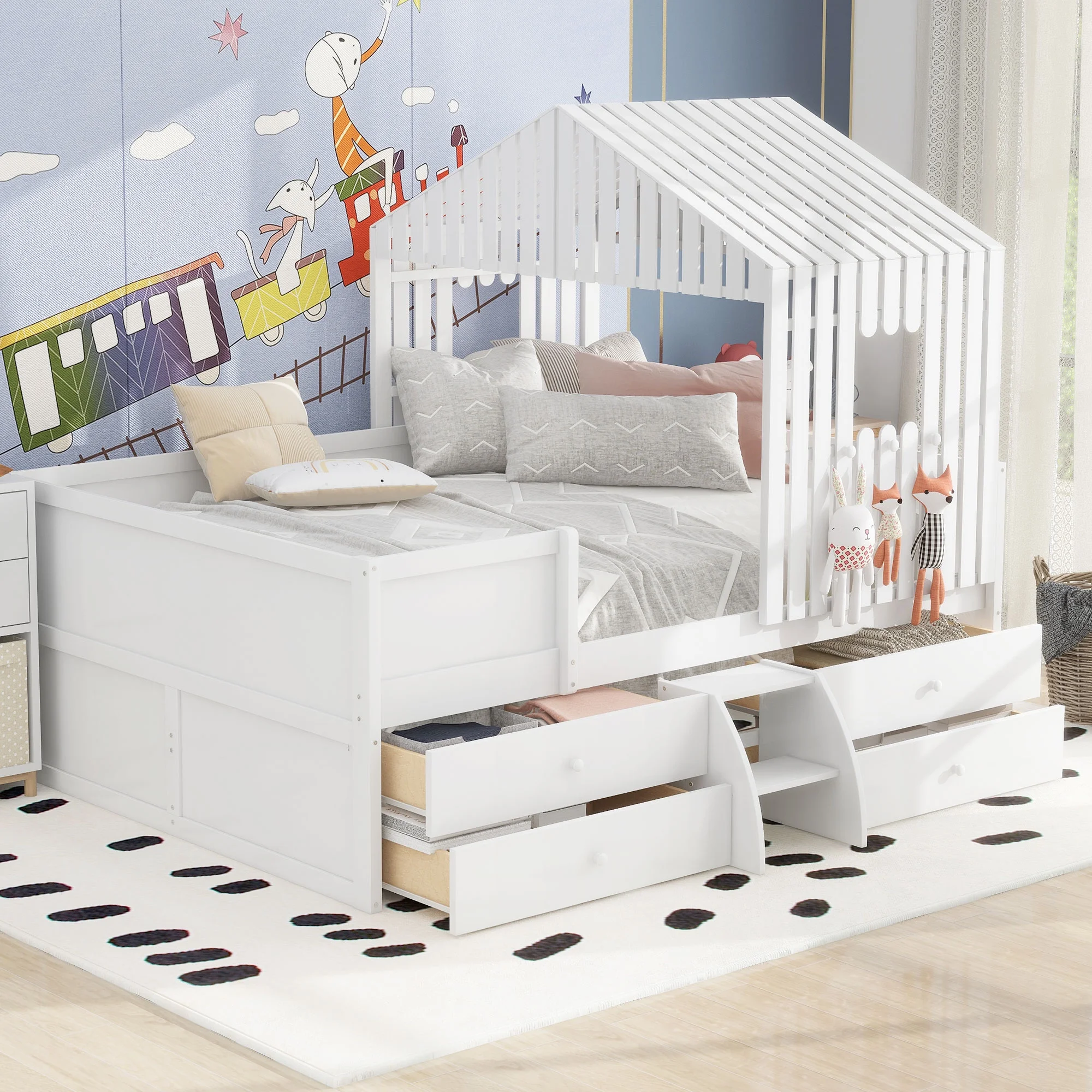 Churanty Full Size House Low Loft Bed for Kids, Wooden Platform Bed with 4 Storage Drawers and Roof Design for Teens Girls & Boys Bedroom, White