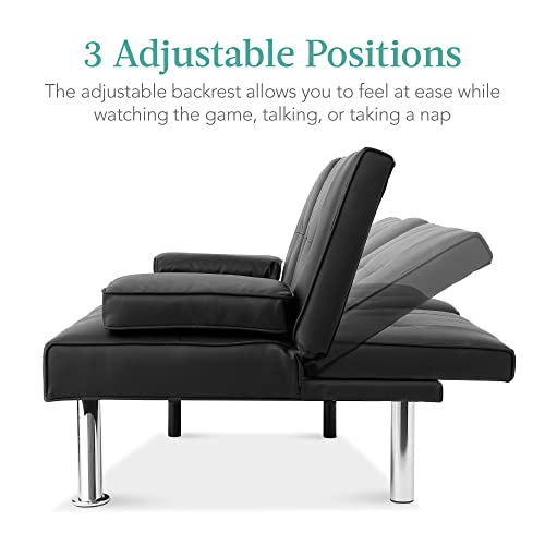 Best Choice Products Faux Leather Upholstered Modern Convertible Futon, Adjustable Folding Sofa Bed, Guest Bed w/Removable Armrests - Blue