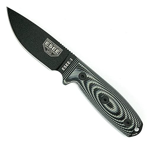 ESEE-3 Fixed Blade Knife, 3D Contoured Handle, 1095 Carbon Steel, Black Ambidextrous Sheath, Made in USA