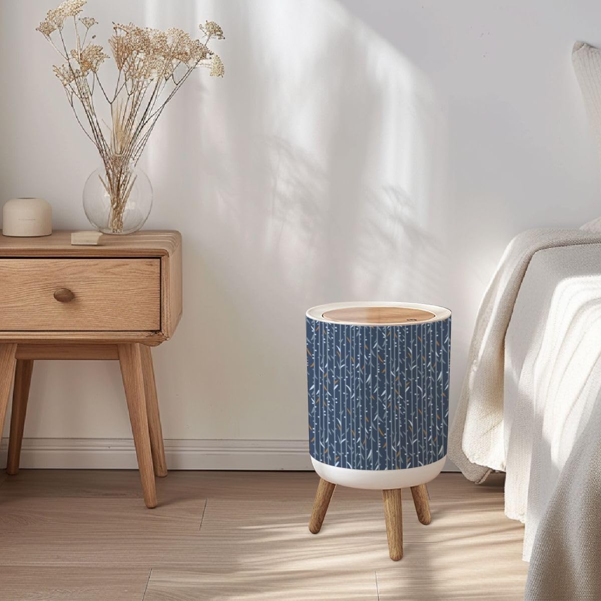 Trash Can with Lid Japanese Leaf Vine Stripe Seamless Pattern Press Cover Small Garbage Bin Round with Wooden Legs Waste Basket for Bathroom Kitchen Bedroom 7L/1.8 Gallon