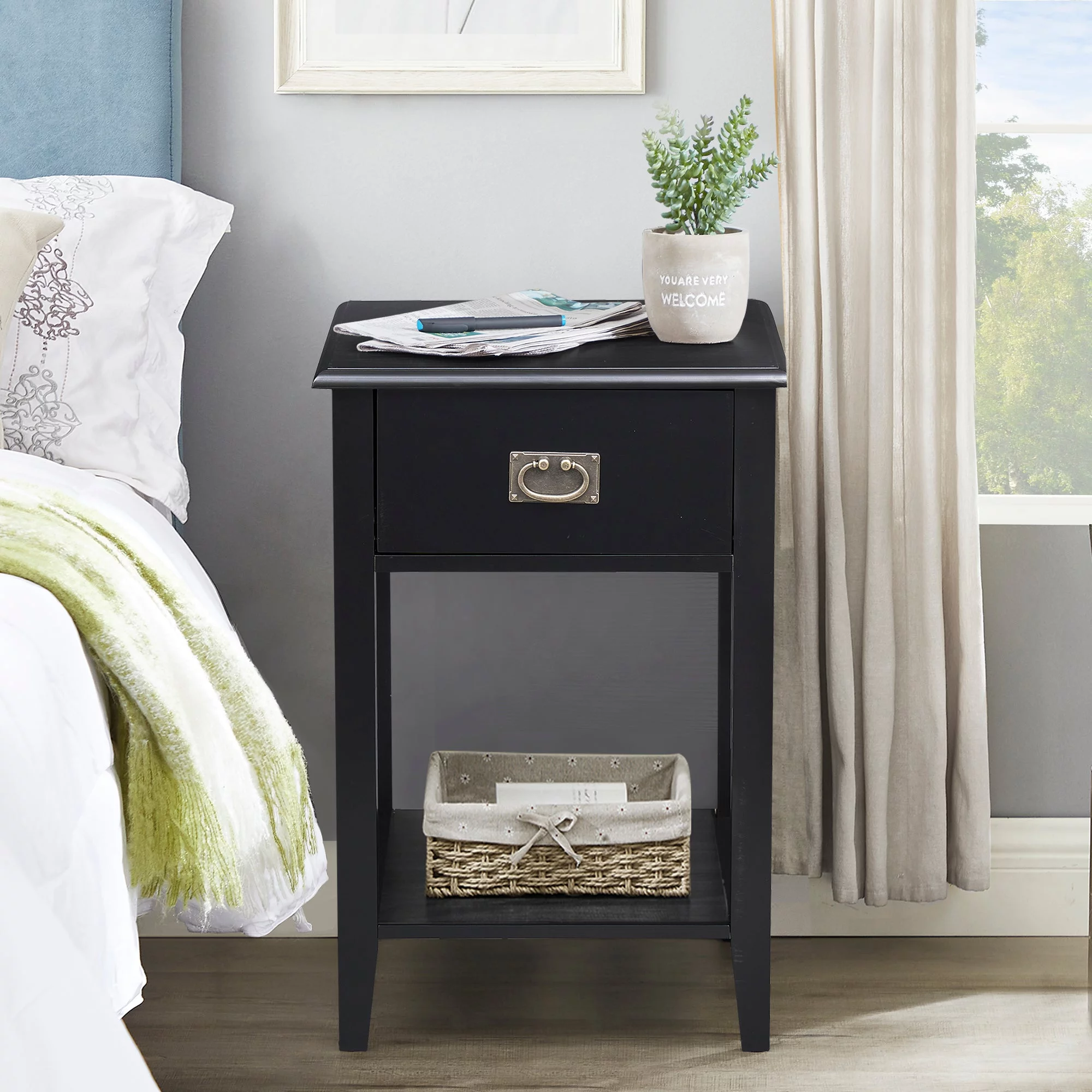 VECELO 1-Drawer Nightstand with Storage Shelf, Modern End Side Table for Living Room Bedroom, Black