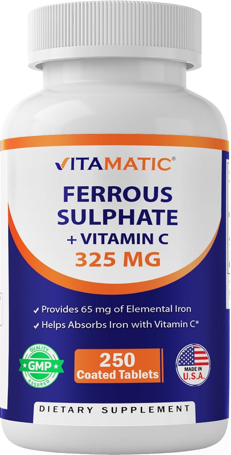 Vitamatic Ferrous Sulphate 325 mg + Vitamin C 100 mg - (65 mg Elemental Iron) High Potency Iron Supplement | No Artificial Color Additives - 250 Coated Tablets - Made in USA