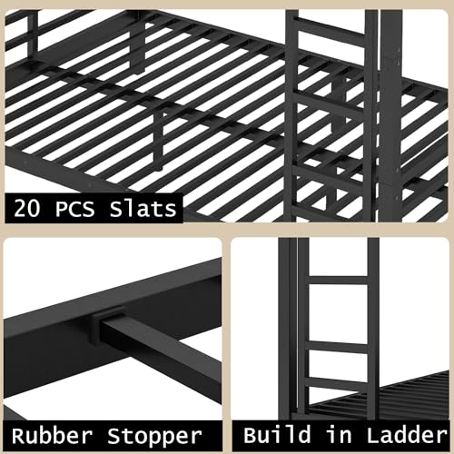 Heavy Duty Bunk Bed Frame with Ladder, Twin XL Over Twin XL Bunk Beds with Safety Guardrails, Adults Bunk Beds with Noise-Reducing Rubber Stoppers, Easy Assemble, Black