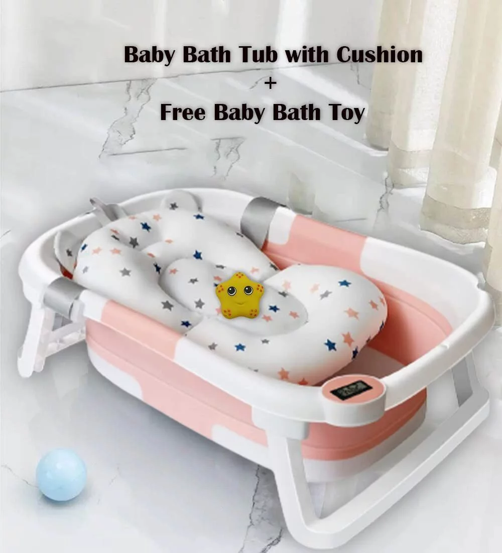 TOPCHANCES Collapsible Baby Bathtub with Thermometer, Newborn Baby Shower Tub with Baby Tub Cushion & Bath Net, Portable Baby Folding Bathtub for 0-36 Month Newborn, Pink