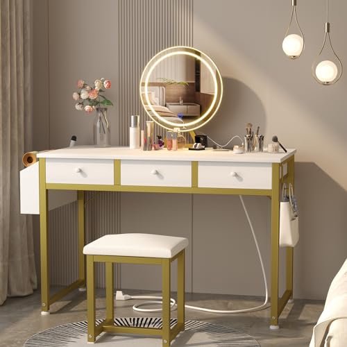Lufeiya White Makeup Vanity Desk with Mirror and Lights, 40 inch Make Up Vanity Desks with Fabric Drawers & Power Outlet, Dressing Table and Chair Set for Girls Bedroom, White