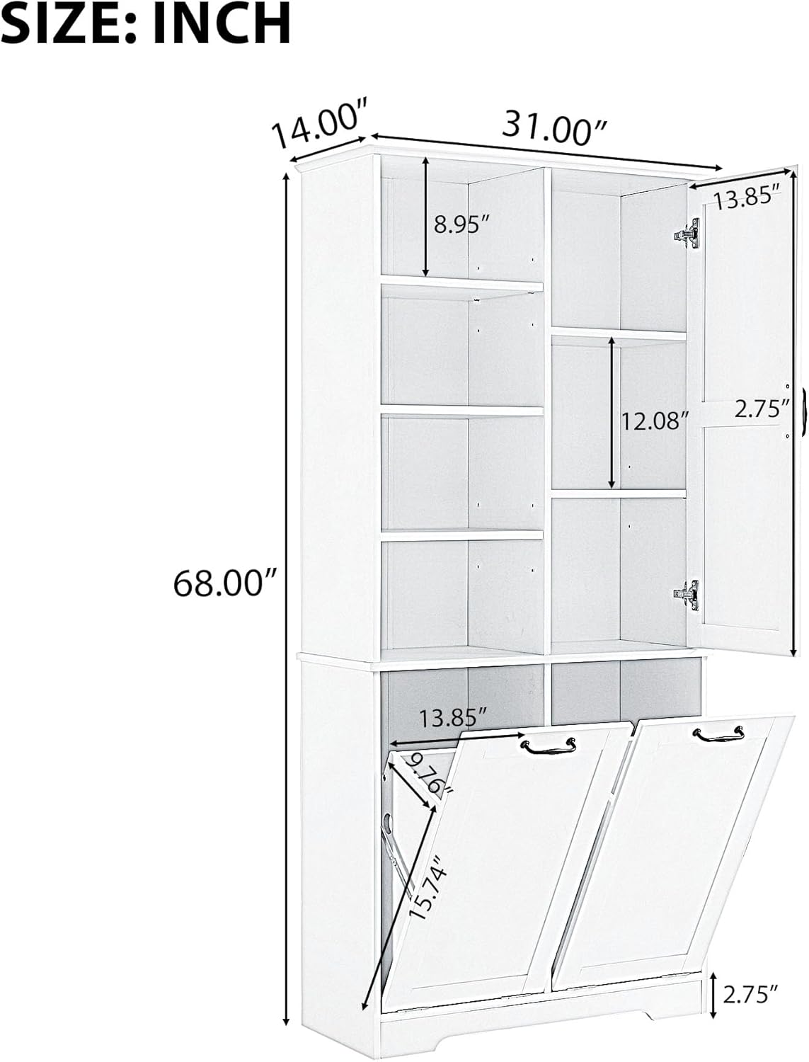 Merax Bathroom Storage Cabinet with Laundry Hamper, Open Shelf, Tall Freestanding Organizer for Home, White
