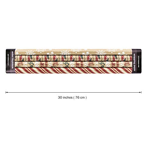 RUSPEPA Christmas Kraft Wrapping Paper - Owl, Reindeer, Christmas Ball and Text Design - 4 Rolls - 30 inches x 10 feet per Roll