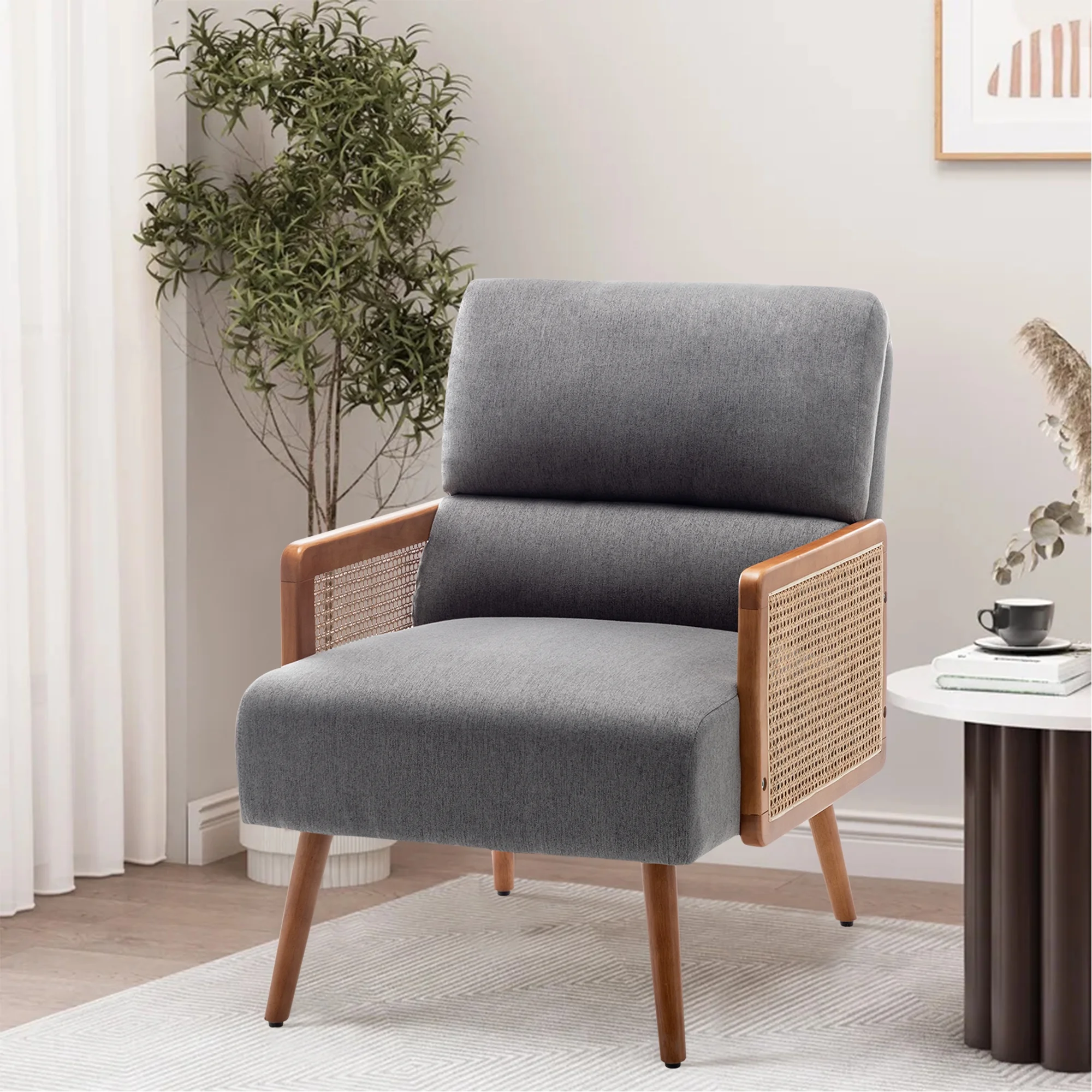 Andeworld Fabric Upholstered Living Room chairs,Mid-century Armchairs with Rattan Armrests,Single Modern Accent Chairs for Living Room,bedroom