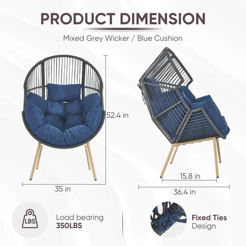 Outdoor Wicker Egg Chair - 300 LBS Weight Capacity Single Patio Egg Lounge Chair with Water Resistant Cushion for Porch Balcony Sunroom, Yellow Wicker Beige Cushion