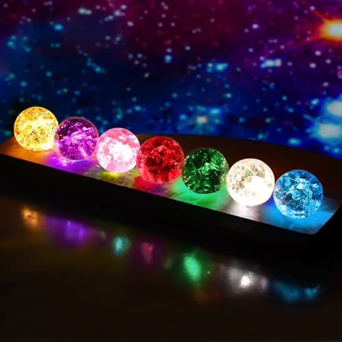 7 Colors 40mm Ice Cracked Crystal Balls with LED Wooden Base, Crystal Chakra Balls Glass Healing Crystal Night Light for Meditation Decoration Ball Set for Home Living Room