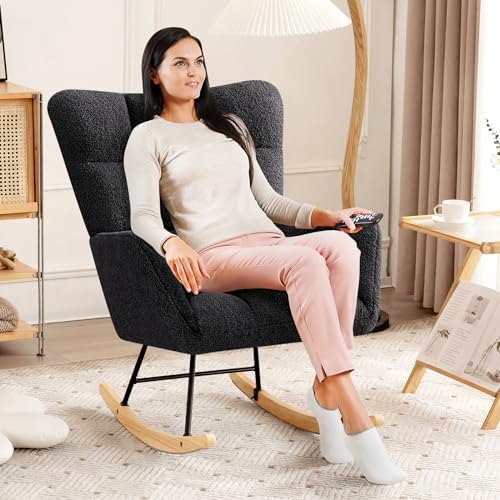 Furniliving Rocking Chair, Faux Fur Upholstered Glider Rocker, Padded Cushioned Seat Rocking Accent Chair with High Backrest, Comfy Reading Chair for Nursery, Living Room, Bedroom(Pink)