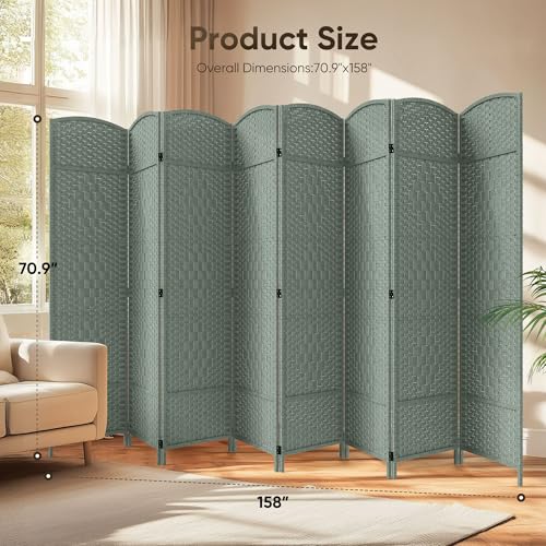 JOSTYLE Folding Privacy Room Divider, 4 Panel Screen Divider 6 ft. Tall Freestanding Extra Wide Rattan Room Partition Wall Separation Dividers, Grey