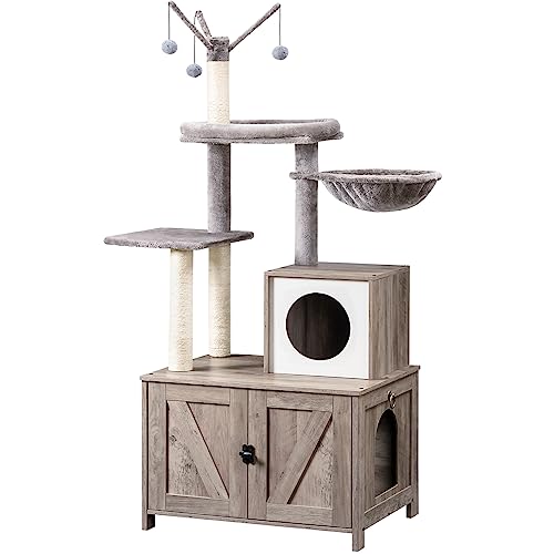 HOOBRO Cat Tree with Litter Box Enclosure for Indoor, Wooden Cat Condo with Scratching Posts, Hidden Litter Box Furniture, All-in-One Cat House, Rustic Brown FG15MZ03