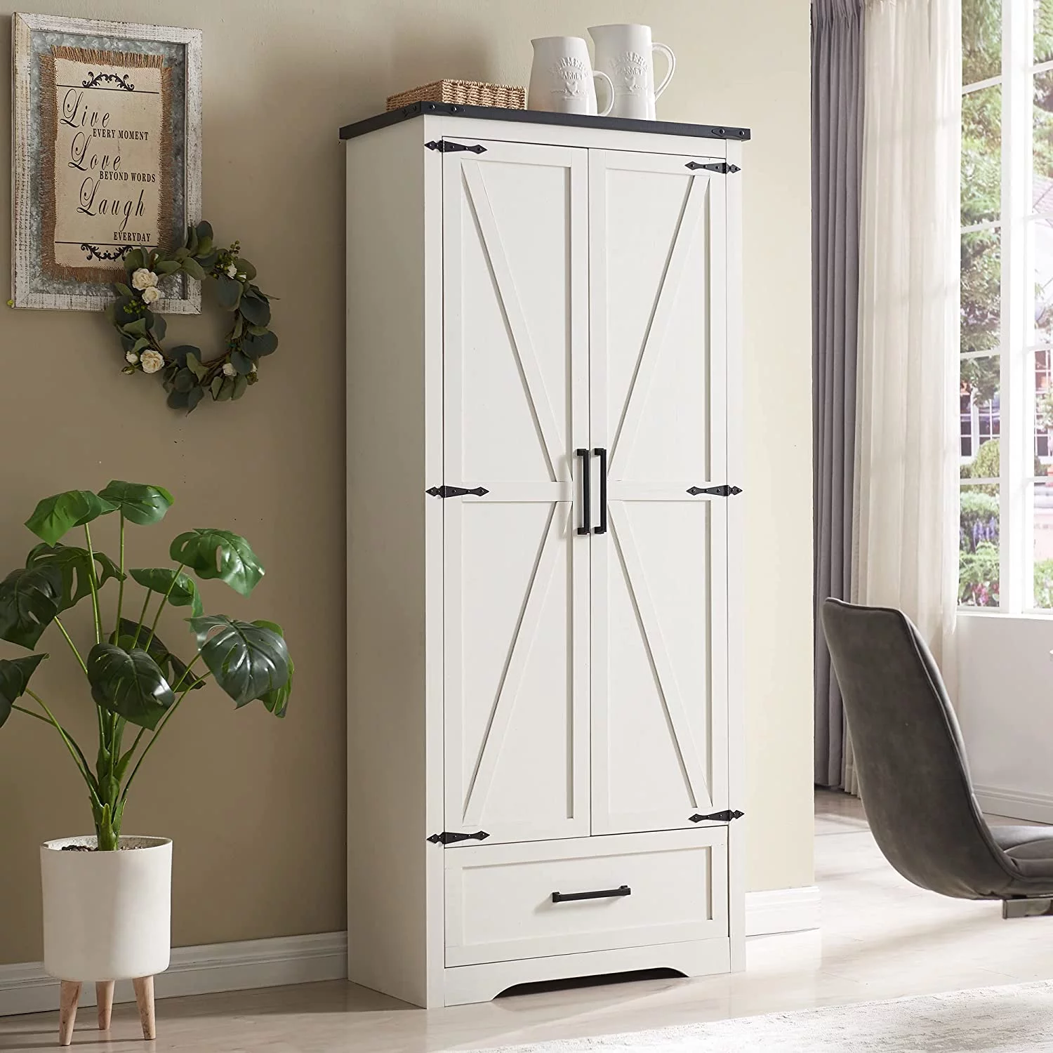 T4TREAM Farmhouse 2-Door Storage Cabinet with Adjustable Storage Shelves and 1 Drawer for Bathroom and Living Room, White