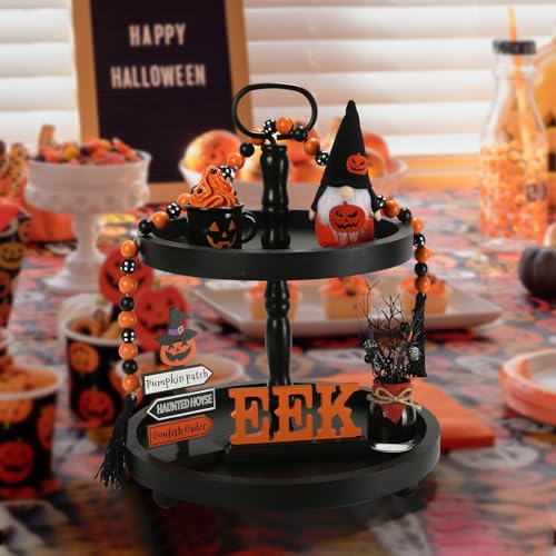 Bundle of 6 PCS Halloween Decorations and Wooden Two Tiered Tray Stand