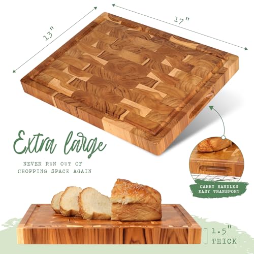 XL Acacia End Grain Wood Cutting Board (20x15x1.5in) Acacia Wooden Cutting Board, Butcher Block, Chopping Board - Reversible Multipurpose For Kitchen with Juice Groove, Cracker Holder & Inner Handles.