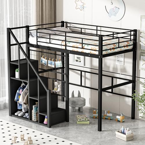 Bellemave Full Size Metal Loft Bed with L Shaped Desk and Wardrobe, Heavy Duty Loft Bed Frame with Storage Stairs, LED Loft Bed Frame with Charging Station & Safety Guard, Space Saving Loft Bed, Black