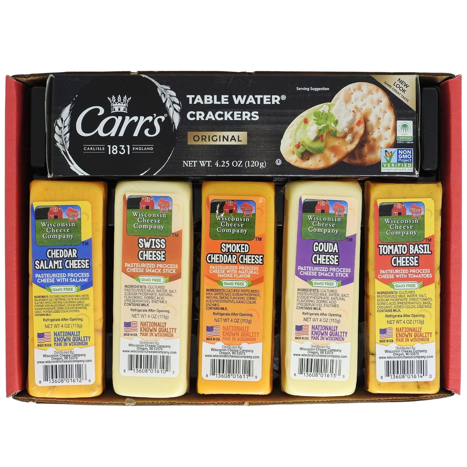 Wisconsin Cheese Company - Specialty 100% Wisconsin Cheese & Cracker Gift Basket. Gouda, Smoked Cheddar, Salami Cheddar, Tomato Basil Cheddar, Swiss Cheese (Pack of 5 Blocks).