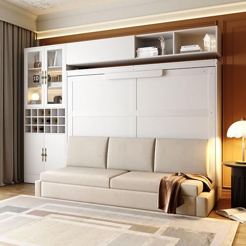 P PURLOVE Queen Murphy Bed with Sofa and Shelves, Wooden Wall Bed with USB and Light, No Box Spring Needed (White)