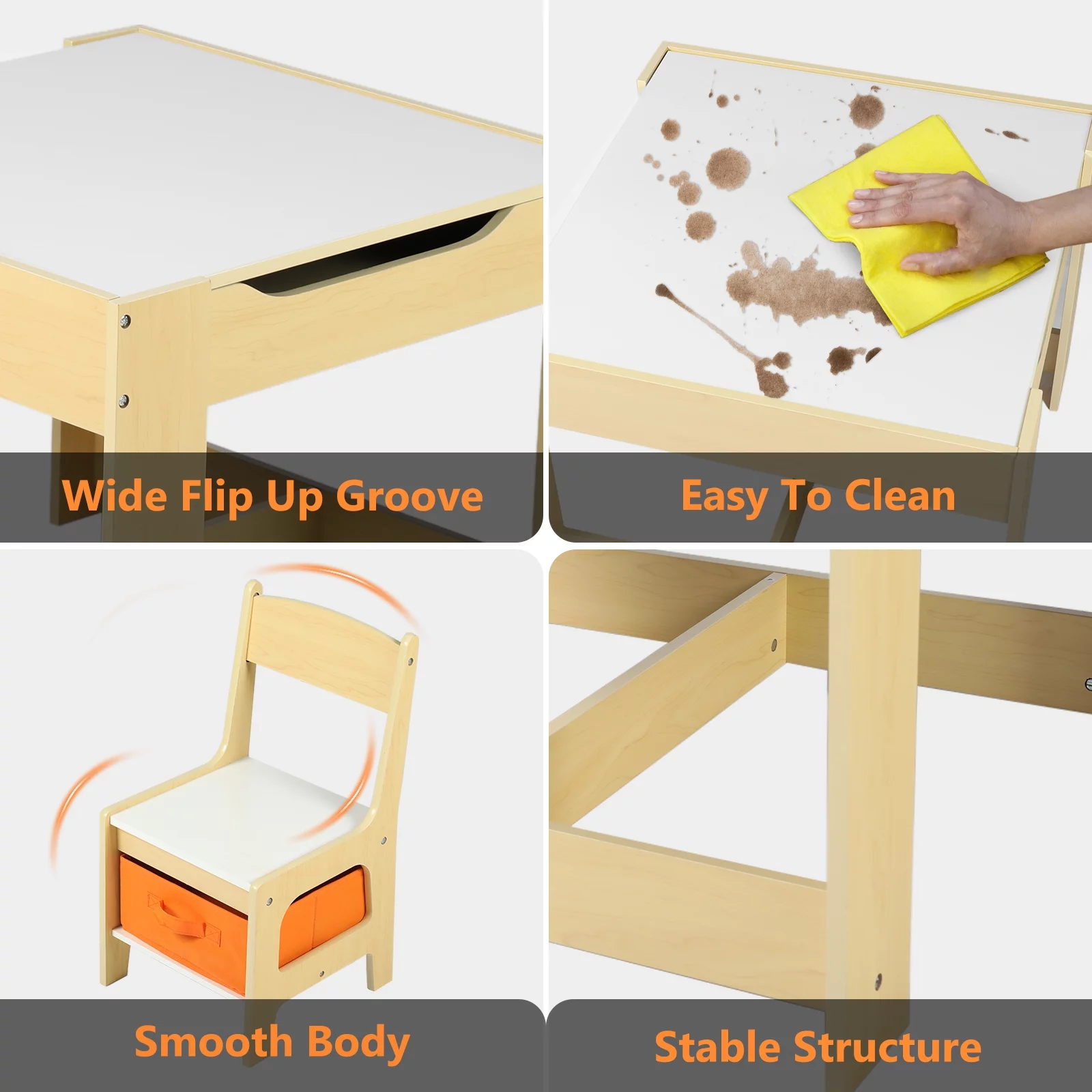 AILEEKISS 3 in 1 Kids Wood Table & 2 Chairs Set Children Activity Table w/Storage, Natural