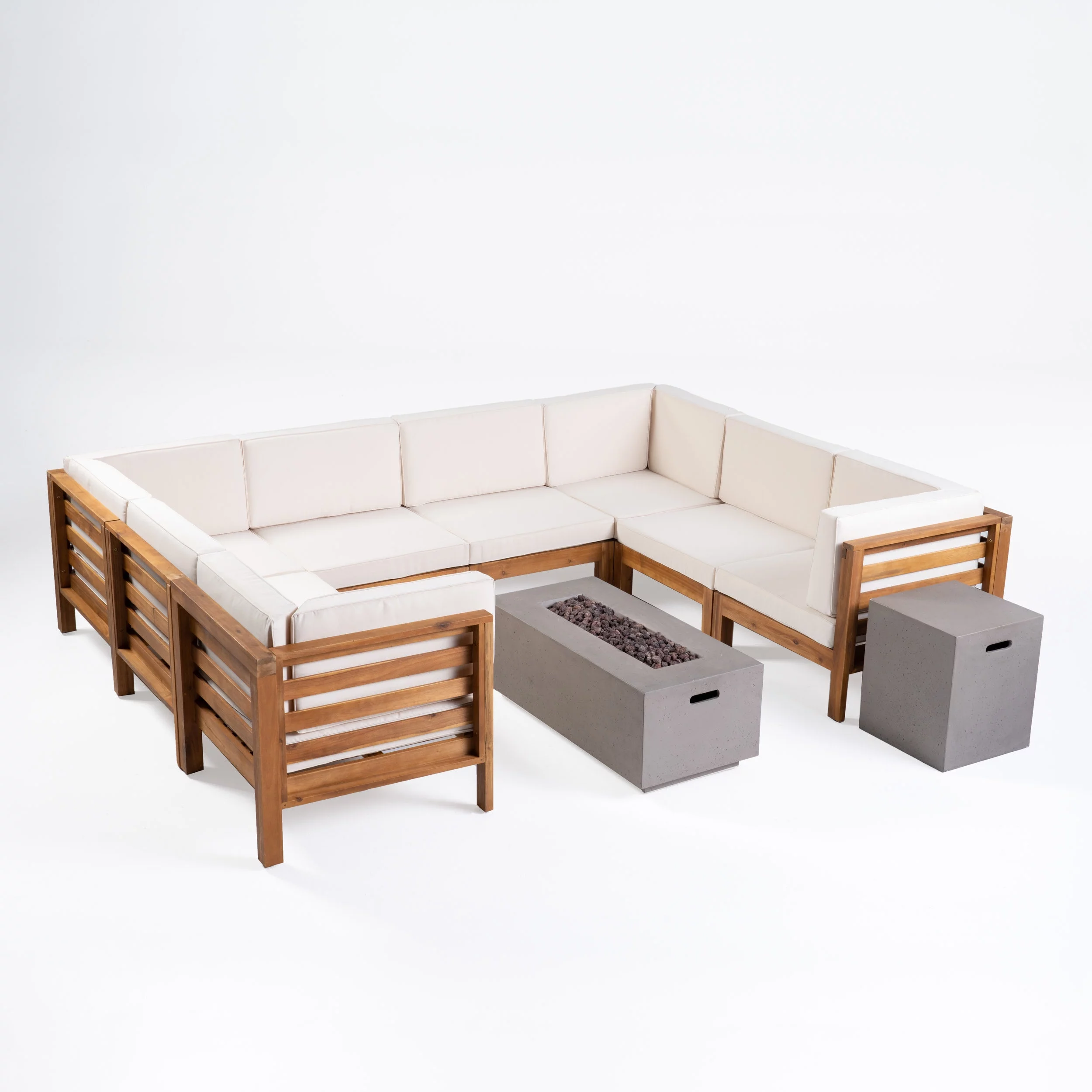 GDF Studio Cascada Outdoor Acacia Wood 8 Seater Sectional Sofa Set with Fire Pit, Teak, Beige, and Light Gray