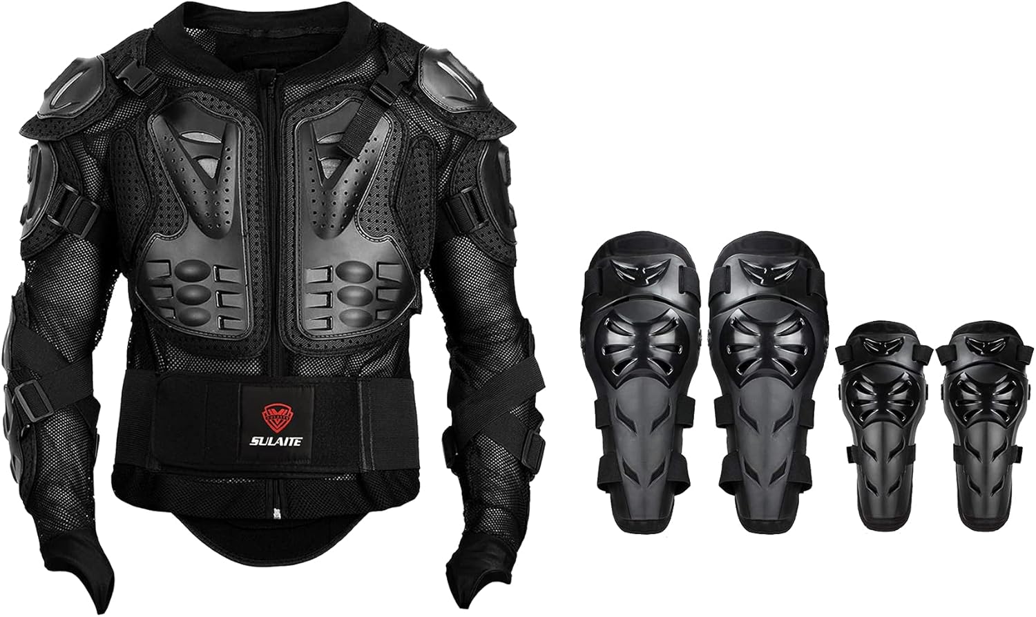 Gute Motorcycle Protective Jacket and Knee Pads Guard Gear, Sport Motocross Full Body Armor Protector for Men, Black Adjustable Long Leg Sleeve Gear Crashproof Nonslip Protective Shin Guards -1 Pair