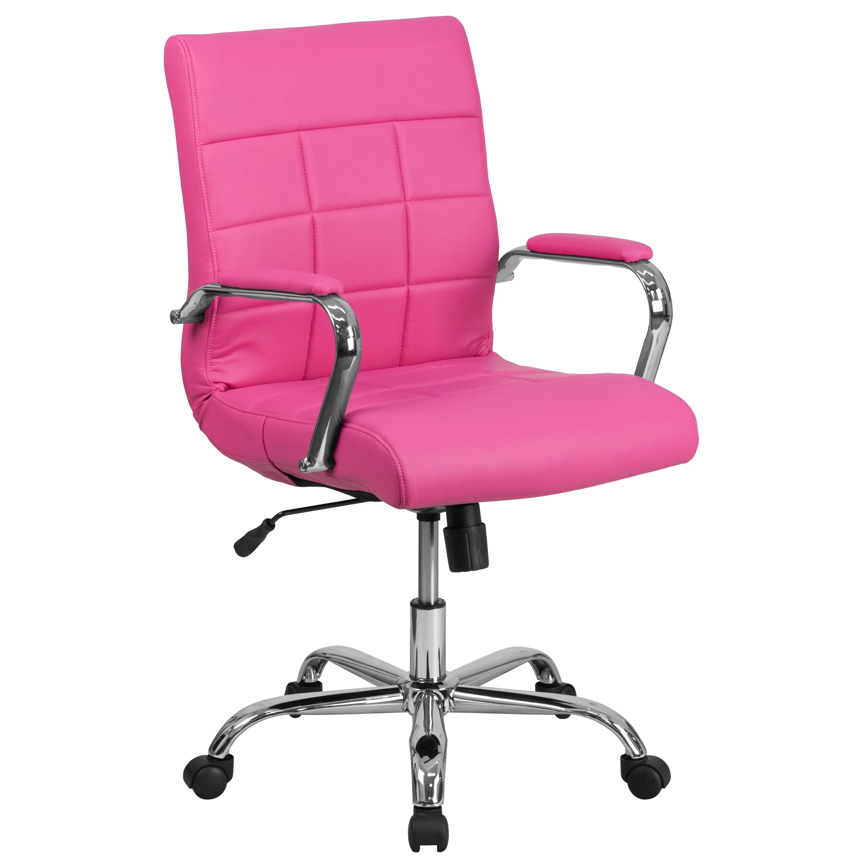 Emma + Oliver Mid-Back Pink Vinyl Executive Swivel Office Chair with Chrome Base and Arms