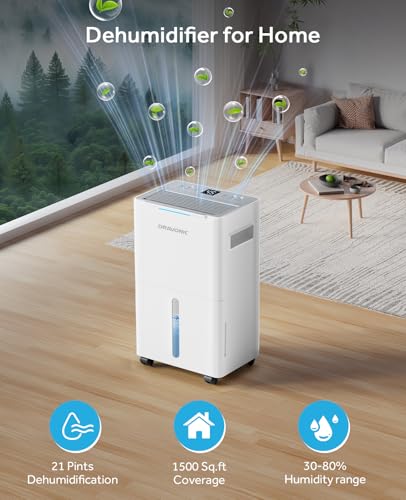 21 Pints Dehumidifier for Basement - 1500 Sq.ft Dehumidifiers for Home, Bedroom & Bathroom with Continuous Drain Hose, Intelligent Humidity Control, 3 Smart Modes (White)