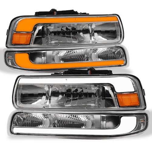 Switchback Sequential LED Strip Tube Bar Chrome Housing Crystal Headlights With Signal Bumper Lamps Amber Reflector 4-Pieces nb Compatible With 99-02 Chevy Silverado / 00-06 Suburban Tahoe