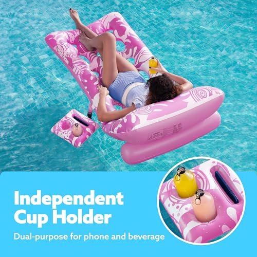 SLOOSH Adjustable Backrest Pool Floats - Tropical Leaves Pool Lounger Floaties Adults with Cup Holders, Inflatable Tanning Float Rafts Chair Beach Lake Lounge Floating Above Water Keep Cool (Blue)
