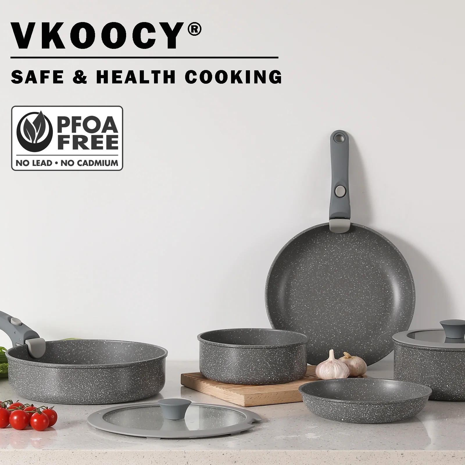 Vkoocy Ceramic pot and pan set with removable handle, Nonstick Cookware Set Detachable Handle, Induction Kitchen Camping Stackable Pots Pans, Dishwasher/Oven Safe, Grey