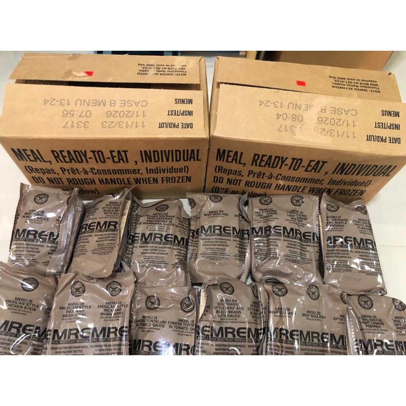 MRE A and B bundle cases 2024 or newer inspection - Military meals ready to eat - 24 full food packs rations with 1,250 calories per meal and heater for camping
