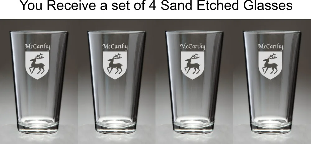 McCarthy Irish Coat of Arms Pint Glasses - Set of 4 (Sand Etched)