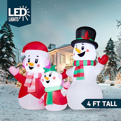 JOYIN 4 FT Christmas Inflatables Snowman Family Outdoor Decorations, Xmas Inflatable Snowman Family with Build-in LEDs, Blow Up Yard Christmas Decoration for Xmas Party Outdoor Yard Garden Lawn Decor