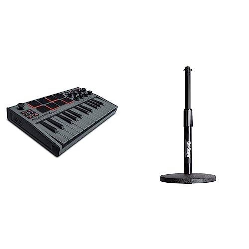 AKAI Professional MPK Mini MK3-25 Key USB MIDI Keyboard Controller With 8 Backlit Drum Pads (Grey) & On-Stage DS7200B Adjustable Desktop Microphone Stand, Black