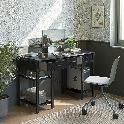 CubiCubi 47 Inch Computer Desk with 3 Drawers and Storage Shelves, Small Home Office Desk, Study Writing Table, Simple Desk for Bedroom, Black