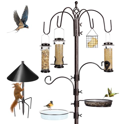 6-Hook Bird Feeding Station Kit, Wild Bird Feeder Stand Pole, Multi-Feeder Kit Stand with 4 Feeders, Bird Bath and Mesh Tray, 94 Inch