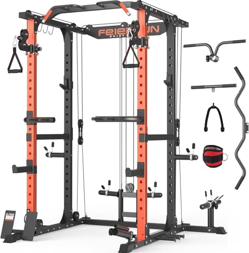 FEIERDUN Multi-Function Squat Rack Power Cage FLA01,2000LBS Capacity Power Rack with Adjustable Cable Crossover System and Additional Attachments, Ideal Weight Cage for Home Gym & Garage Workouts