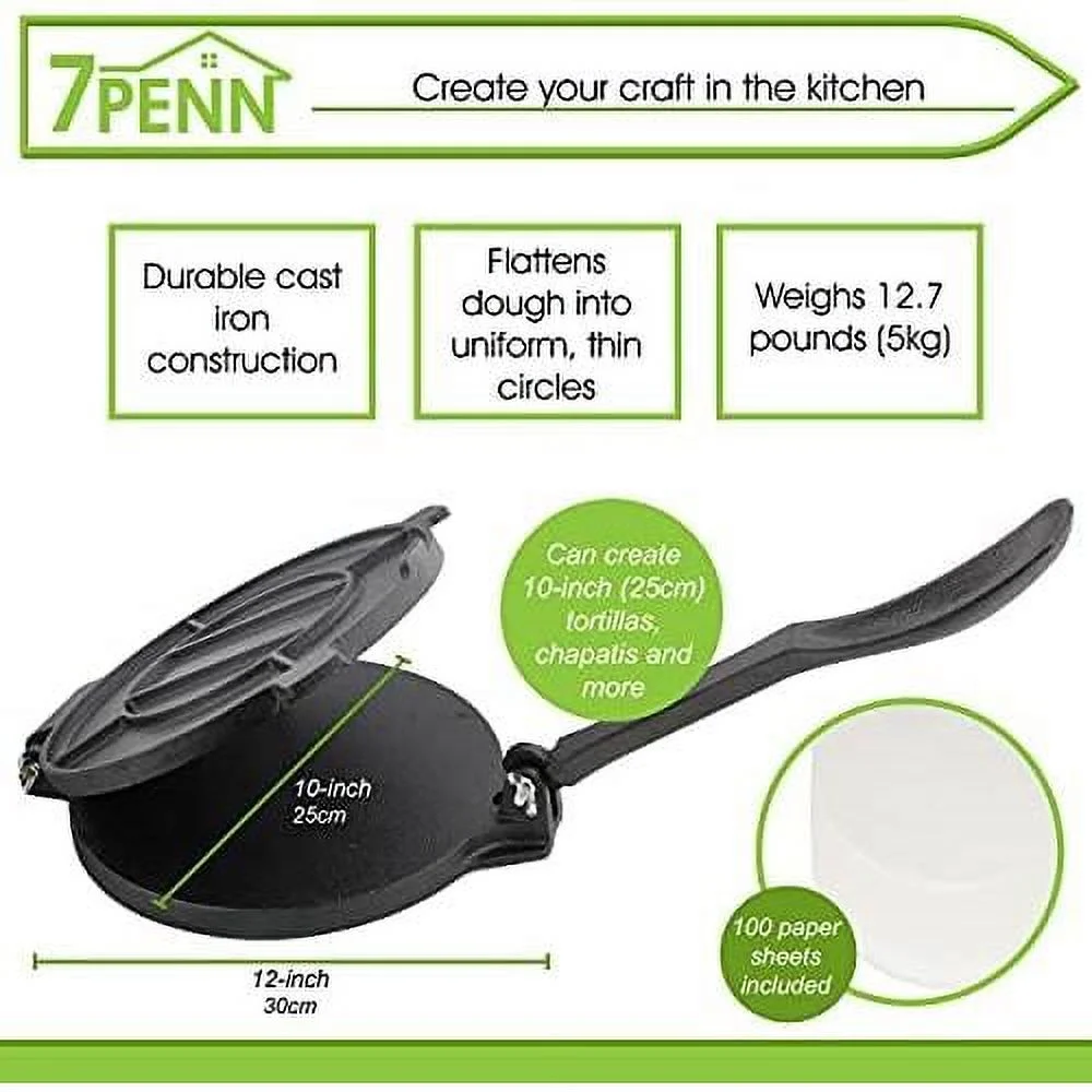 Cast Iron Tortilla Press 10In - Corn Tortilla Press Roti Maker Flour Tortillas Presser With 100 Cooking