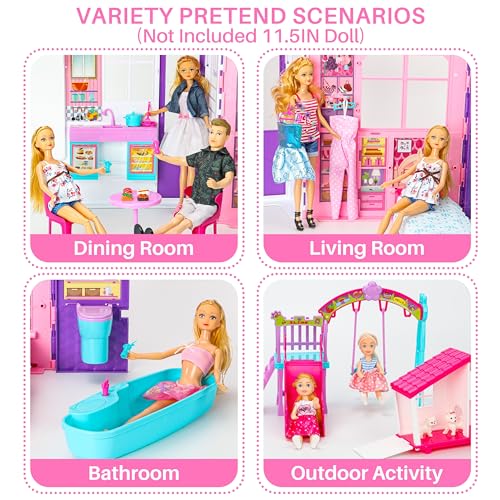 Doll House Portable & Foldable Dollhouse w/ 60+ Pcs & 2 Dolls, Play House Toy with Bedroom Bathroom Kitchen Furniture Playset, Playhouse Birthday Gift for Girl Kid Toddler