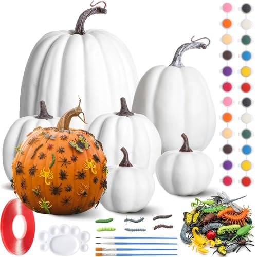 Roowest 7 Sets DIY 4 Size Large Fall Creepy Crawly Pumpkin Painting Kit Halloween Artificial Pumpkins Decorative Assorted White Foam Pumpkins Craft to Paint Fall Thanksgiving Party Favors Gifts