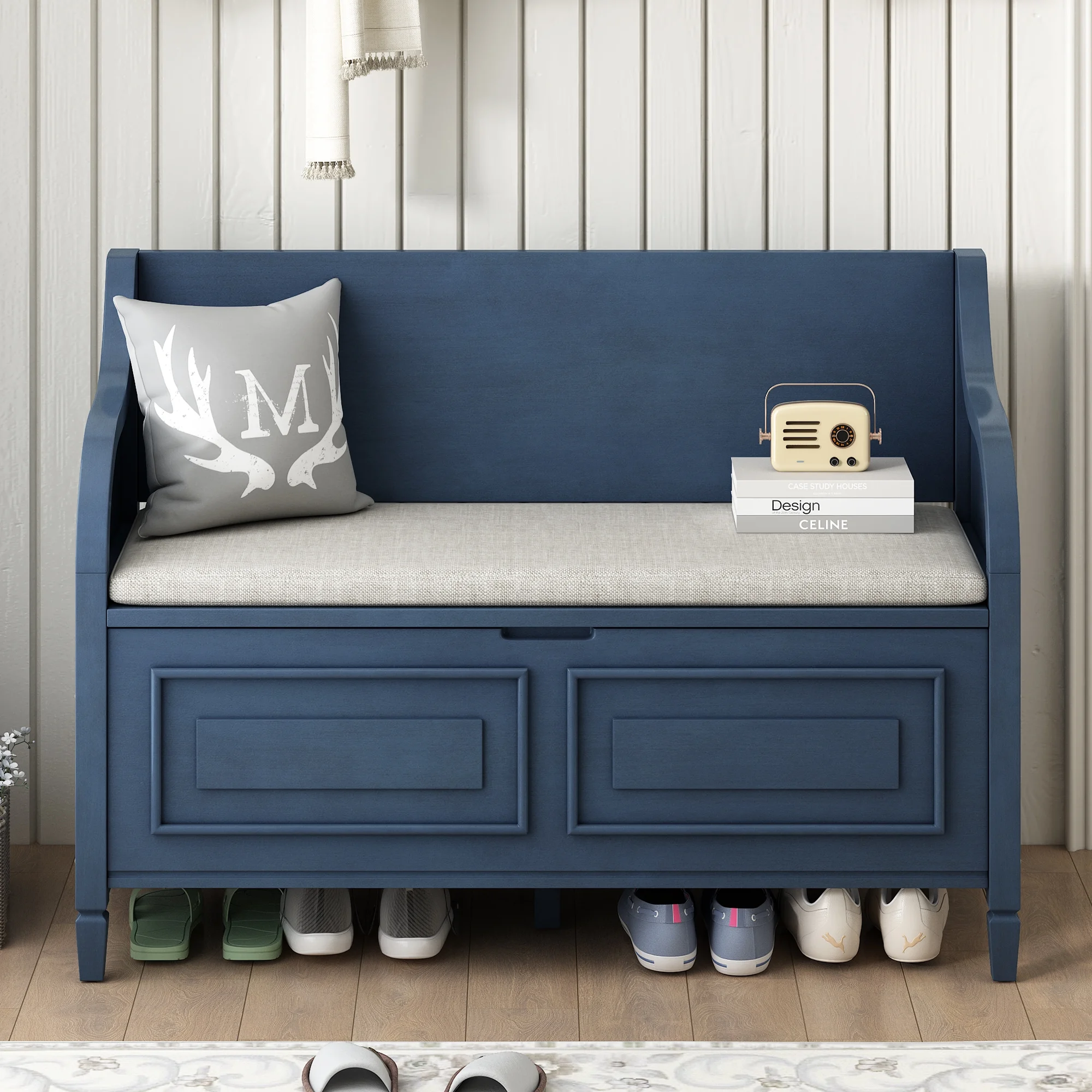 Atumon Storage Bench, Clamshell Entryway Bench, Shoe Bench with Hidden Storage, Wood Storage Cabinet with Removable Cushions and Backrest, Storage Bench Furniture for Entryway Hallway, Blue