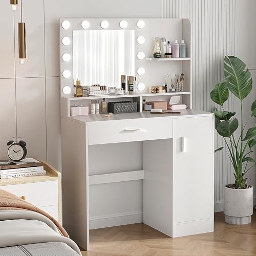 Vanity Desk with Mirror & Lights, White Makeup Desk with Drawers & Cabinet, 3 Lighting Modes & 10 Brightness, Vanity for Bedroom & Dressing Room