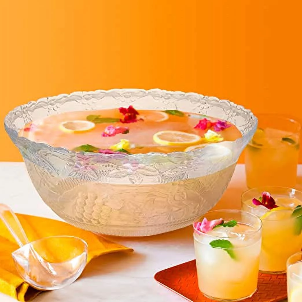 Punch Bowl with Ladle - 2 Gallon Large Clear Plastic Punch Bowl with Ladle - Embroidered Design 8 Quart Serving Bowl with 5 OZ Plastic Serving Ladle