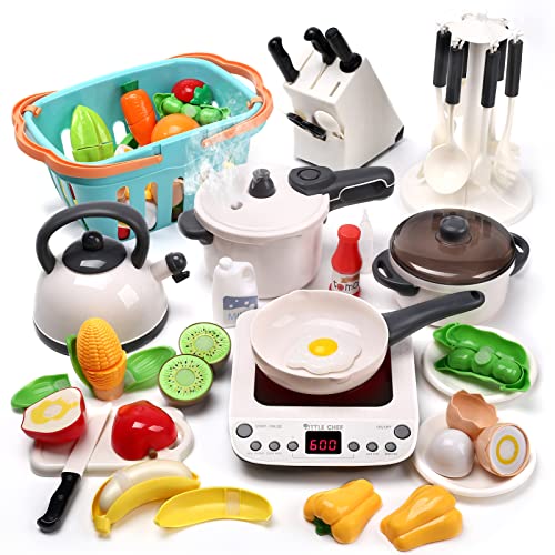 CUTE STONE Play Kitchen Accessories Set, Kids Cooking Toys Set with Play Pots and Pans, Electronic Induction Cooktop with Sound & Light, Cookware Utensils Kids Kitchen Set Kitchen Toys for Kids