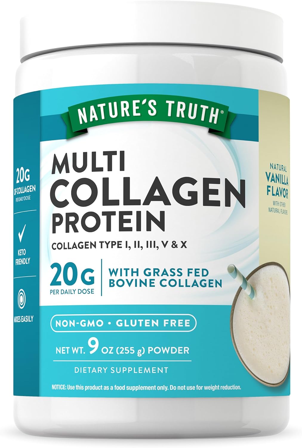 Nature's Truth Multi Collagen Protein Powder | 9 oz | Grass Fed Collagen Peptides Type I, II, III, V & X | Non-GMO & Gluten Free Supplement | Natural Vanilla Flavor